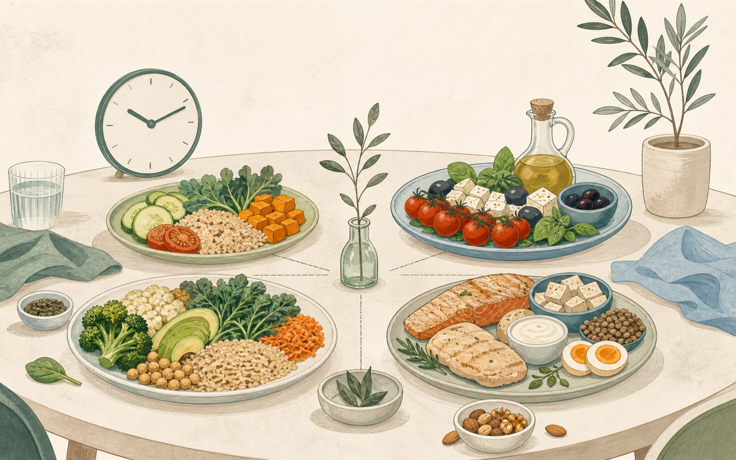 Vier evenwaardige, gezonde voedingsbenaderingen komen samen op één tafel.