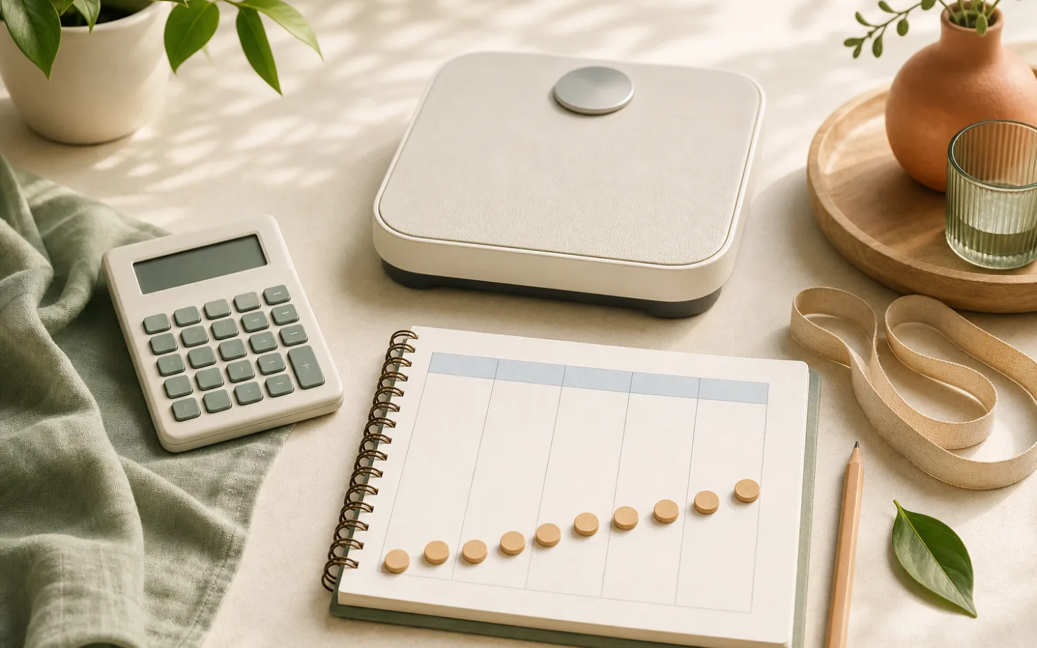 Een lege calculator, neutrale weegschaal en weekplanner verbeelden drie hulpmiddelen met zichtbare grenzen.