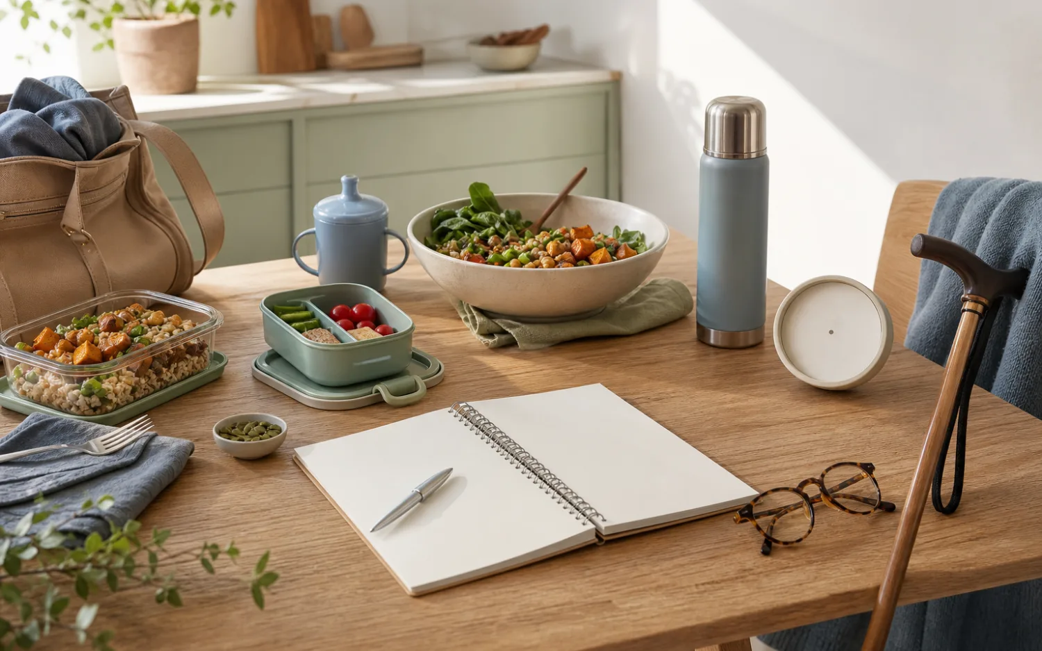 Werkspullen, gezinslunch, thermos, leesbril, wandelstok en gedeelde maaltijd tonen uiteenlopende levenssituaties.