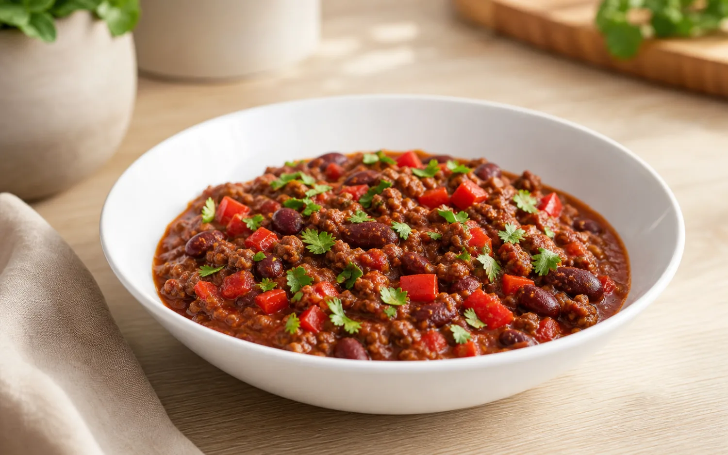 Chili con carne geserveerd op wit keramisch servies op een lichte houten tafel.