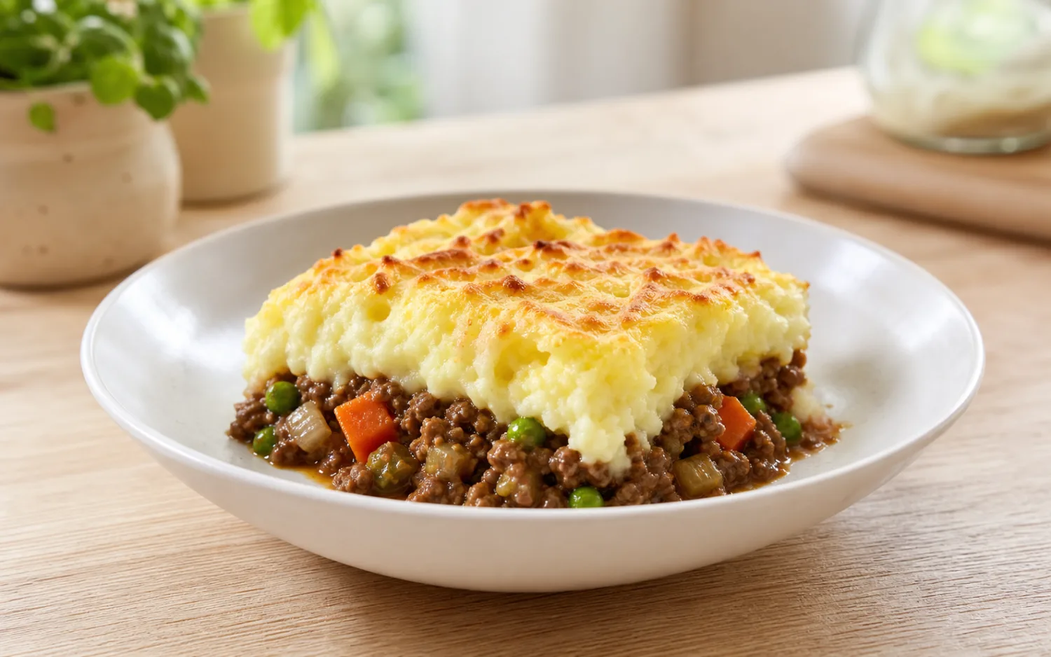Cottage pie met mager rund geserveerd op wit keramisch servies op een lichte houten tafel.