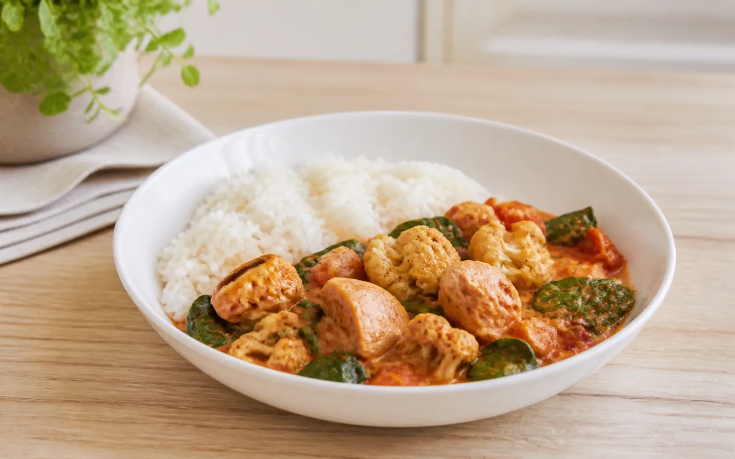 Lichte kipcurry geserveerd op wit keramisch servies op een lichte houten tafel.