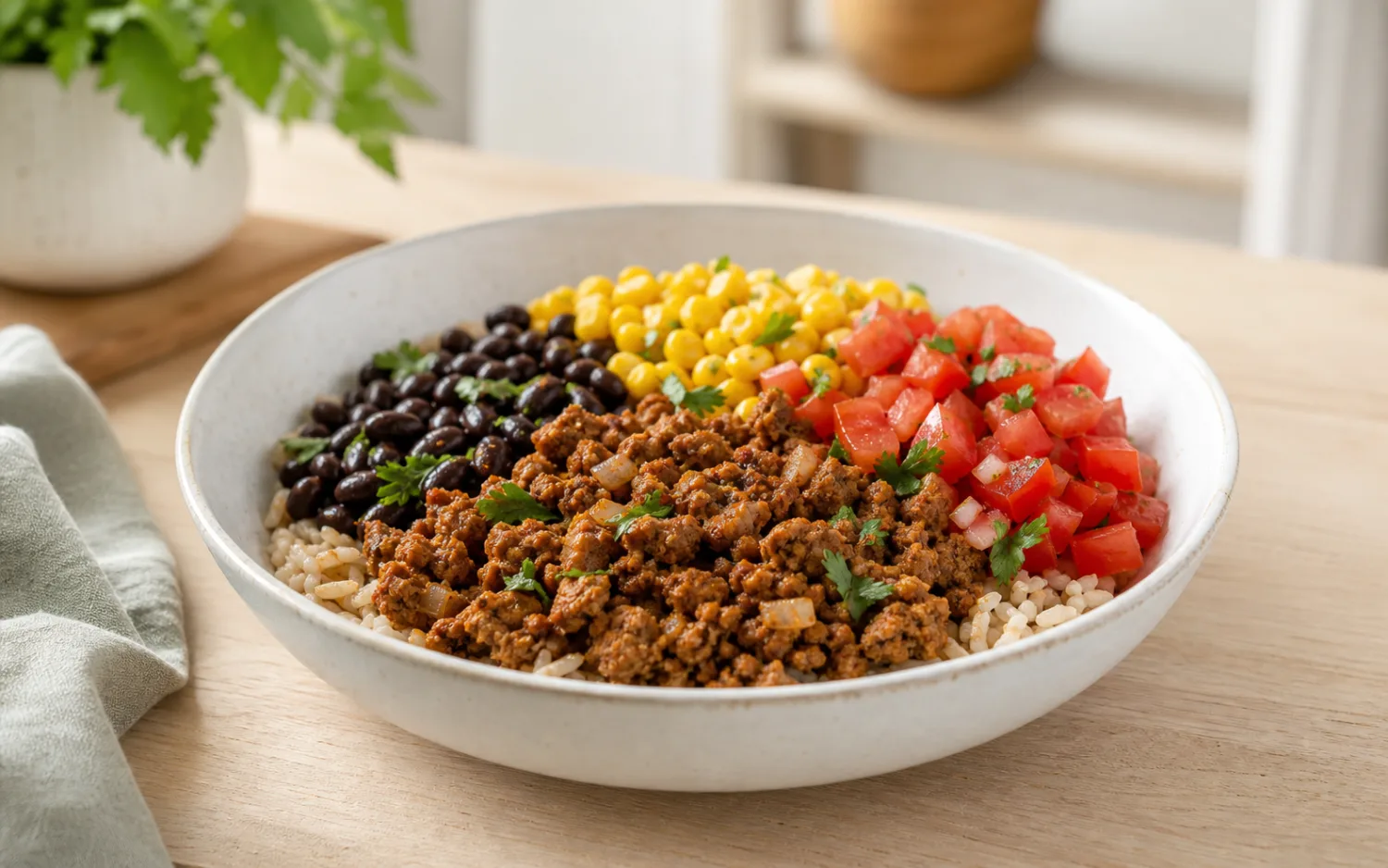 Kruidige kalkoenbowl geserveerd op wit keramisch servies op een lichte houten tafel.