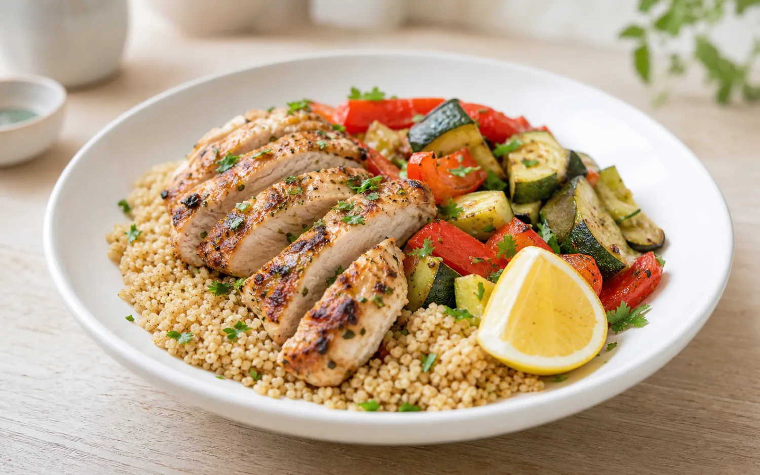 Gegrilde kip met volkoren couscous geserveerd op wit keramisch servies op een lichte houten tafel.