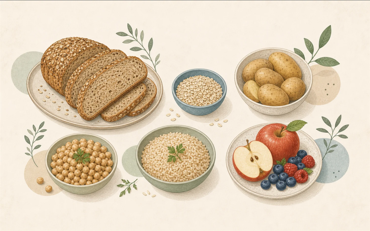 Volkorenbrood, havermout, aardappelen, fruit en peulvruchten als gevarieerde koolhydraatbronnen.