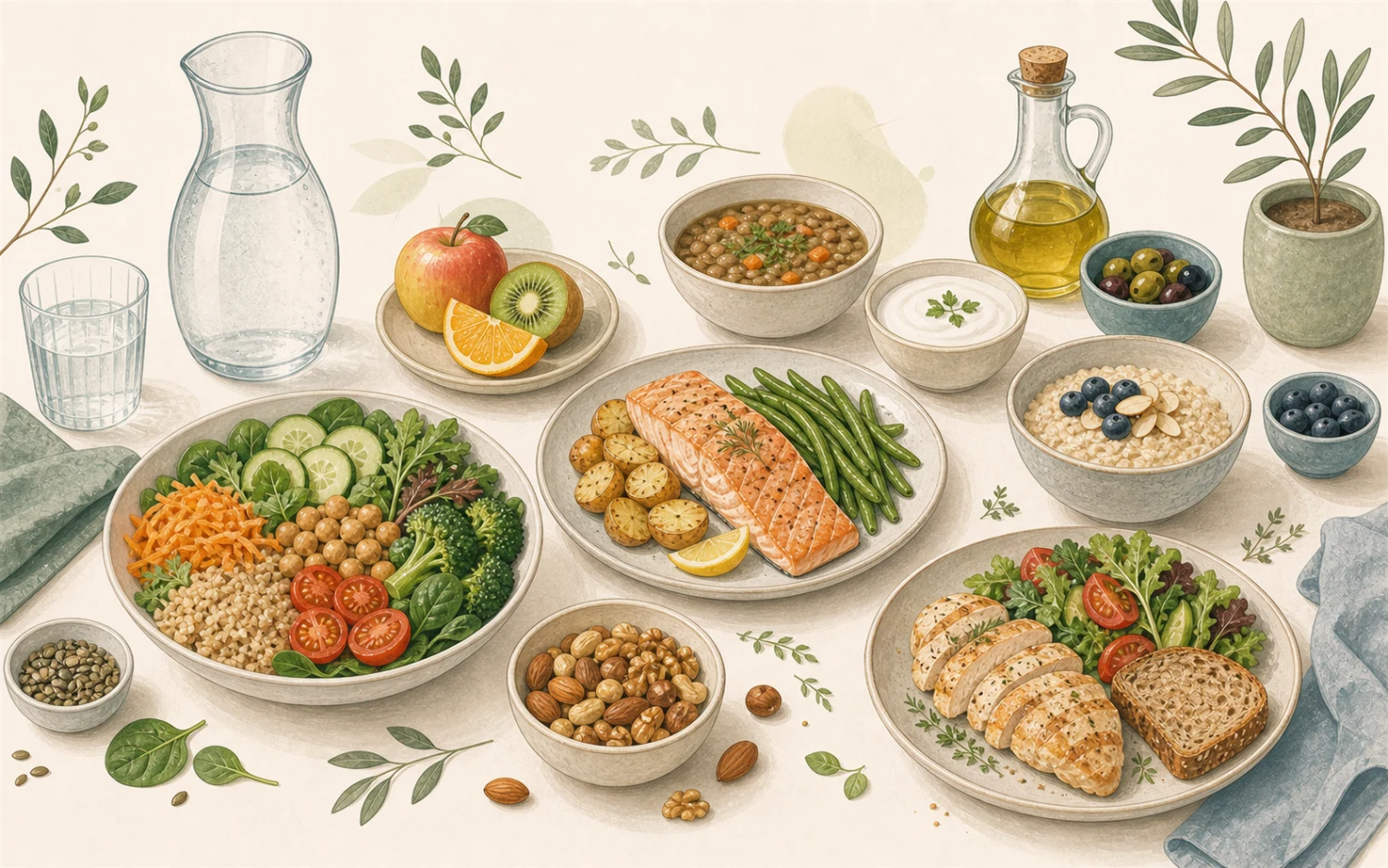 Een gevarieerde tafel met groenten, volkorenproducten, peulvruchten, vetbronnen en water.